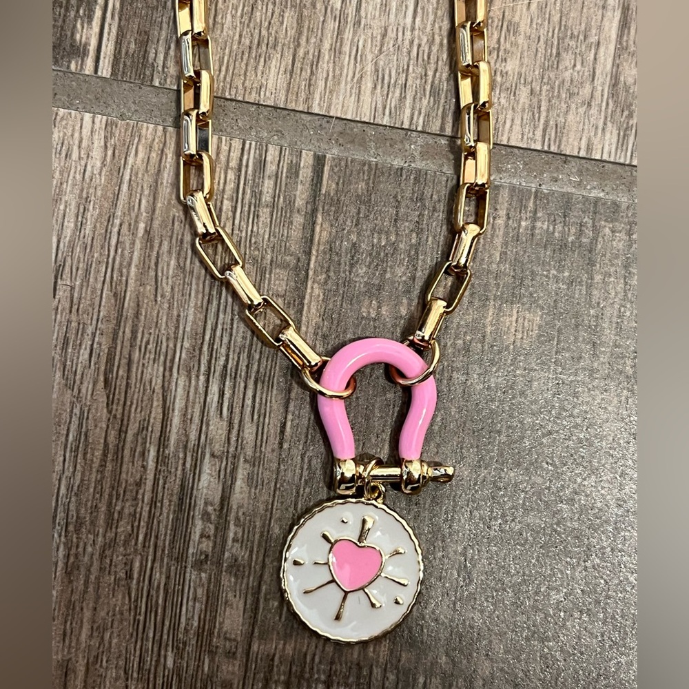 Melania Clara gold necklace. Triple gold dipped. White and Pink enamel